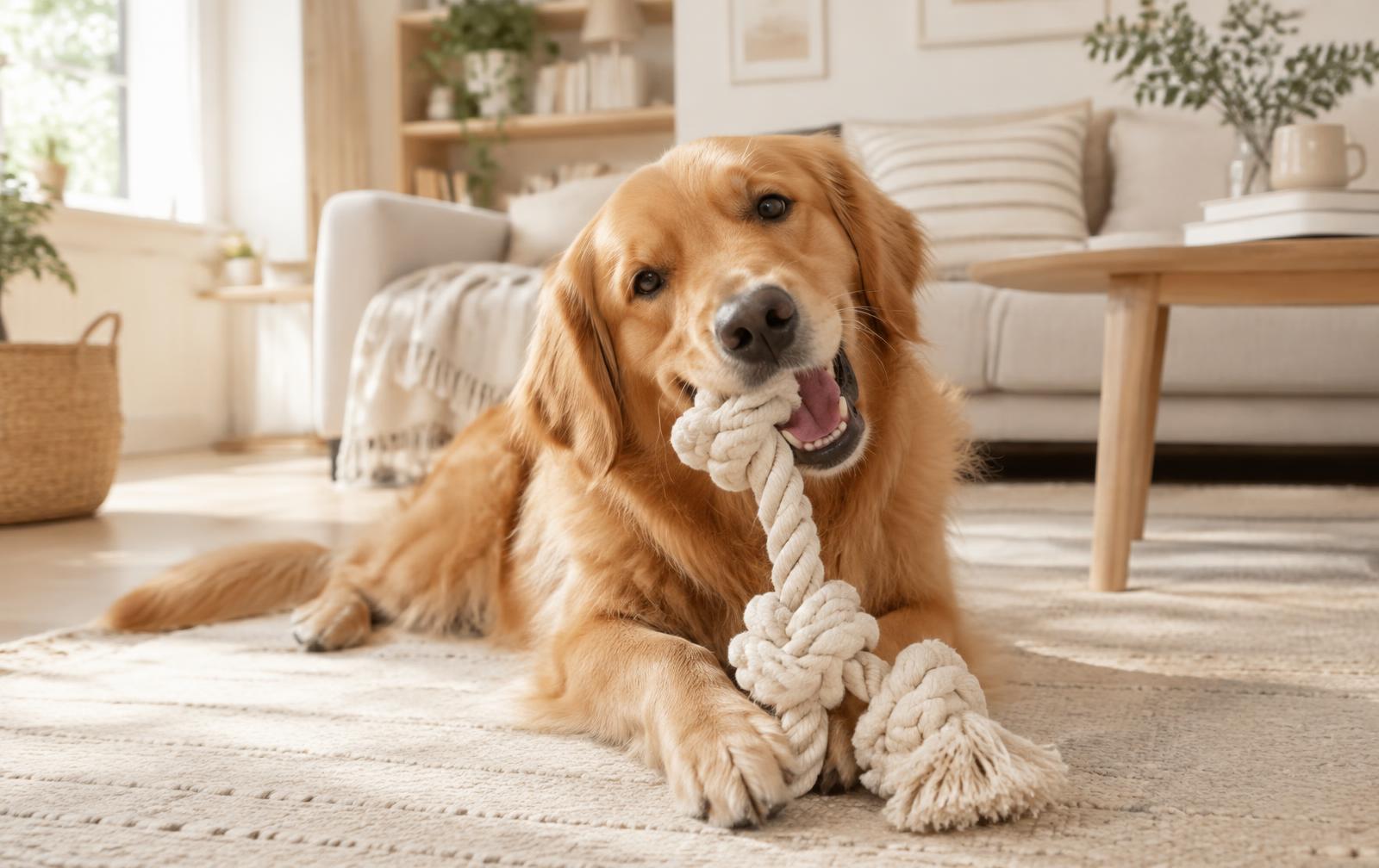 Golden retriever med en leksak i ett ljust skandinaviskt hem